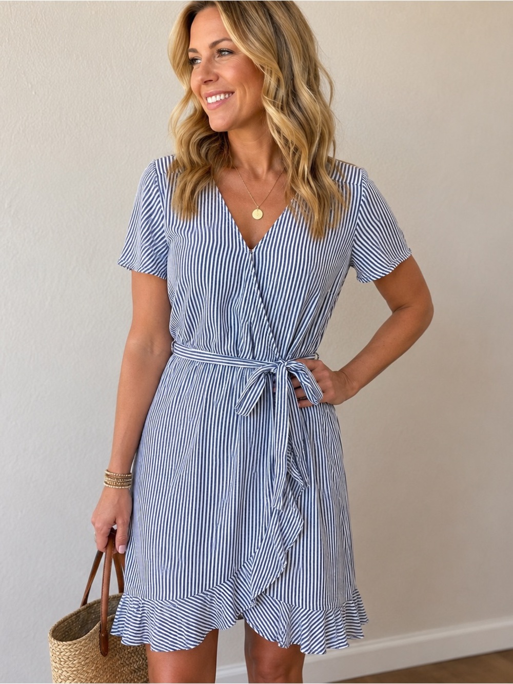 Naif Wrap Dress Womens M Blue White Stripe Rayon Ruffle Coastal Resortwear
